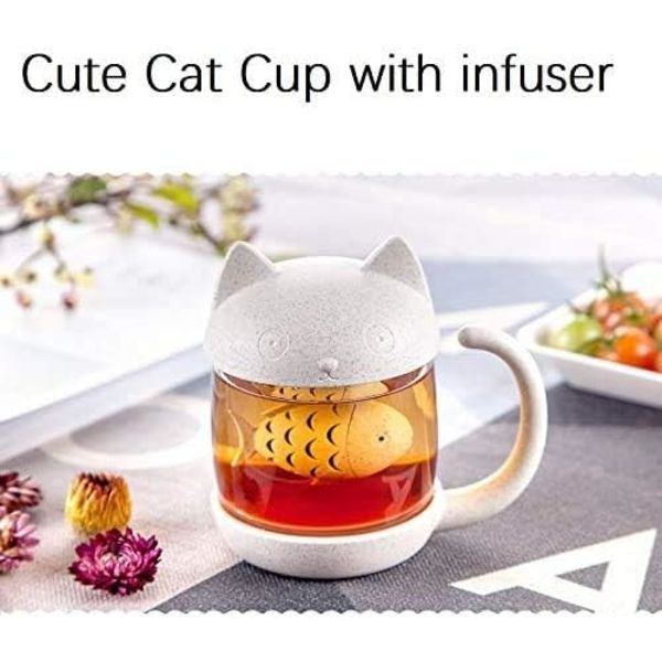 - 250ML Teekopp i glas med kattform och fiskformad teinfuserare, ZQKLA