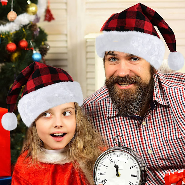 2 Styk Bløde Julemandshuer Buffalo Plaid Julehat til