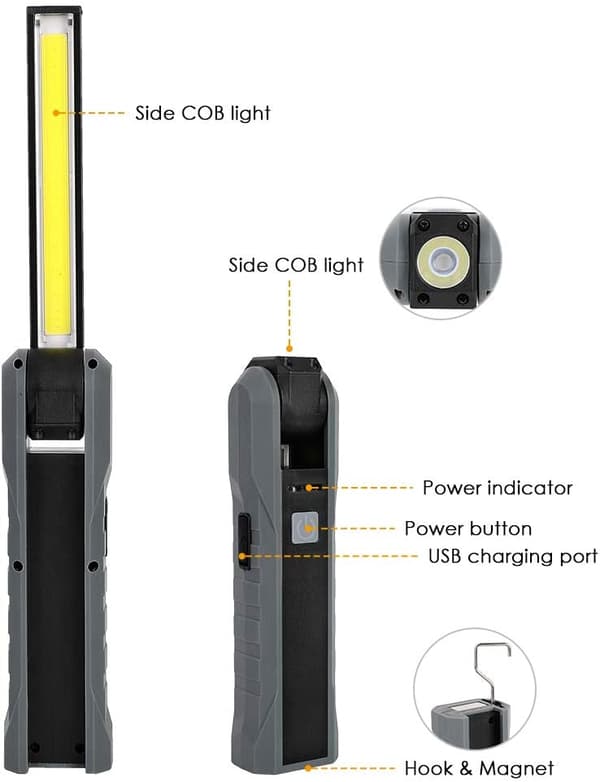 LED arbeidslys, oppladbart USB inspeksjonslys COB bærbart, ZQKLA