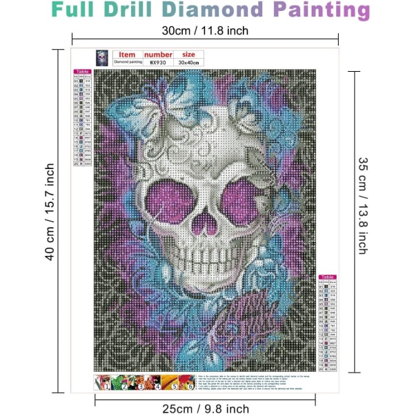 11,8 x 15,7 tommer Skull Diamond Painting Kit, 5D Full Diamond P, ZQKLA