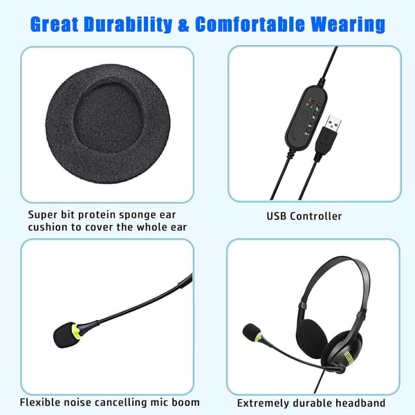 PC Headset med Mikrofon, Stereo Støjreducerende USB Headset Comp, ZQKLA