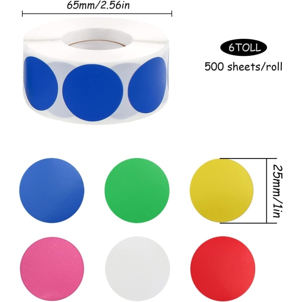 6 st färgade runda klistermärken Självhäftande prickar 25 mm rund etikett