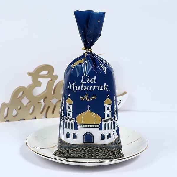 100 stk Eid Mubarak gaveposer, blå gull Ramadan tema trykt, 2113 JAZY