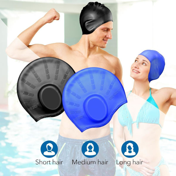 Badehætte (Sort), Silikone Unisex Badehætte, Langt Hår, ZQKLA