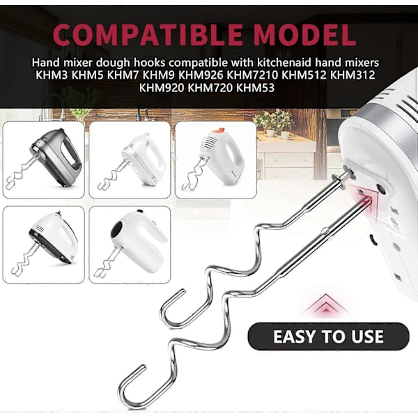 2 Sett Deigkroker i Rustfritt Stål for Kitchenaid Håndmikser KHM512