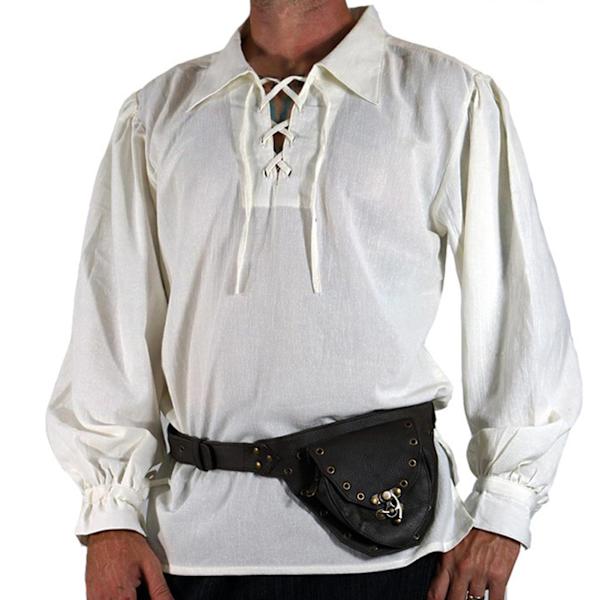 Hvit skjorte for menn i middelalderens renessanse-stil, med krage, lange ermer, snøring, ensfarget, løs passform, pullover (Svart, XL)