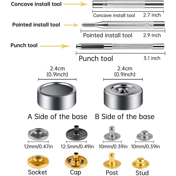 120 stk Metall Snap-knapper Sett, Metalliske Snap-knapper med 3