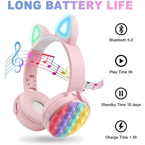 Kissan korvakuulokkeet Pop Fidget -leluilla, 5.0 Bluetooth -lasten langattomat kuulokkeet, melunvaimennuskuulokkeet lapsille - Pinkki