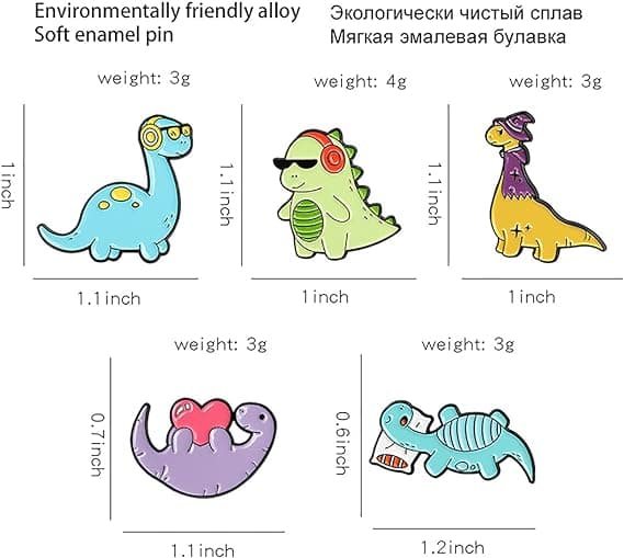 Sæt med 5 søde emaljebrocher til piger og børn, frø, kat, dinosaur