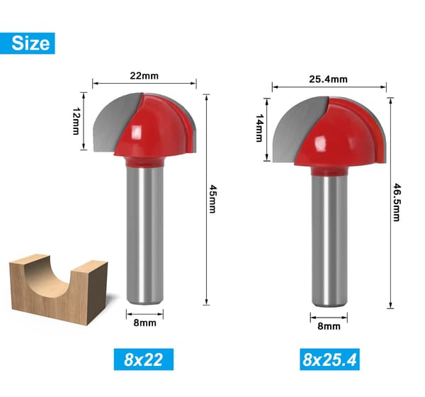 5 stk. træ rund bund fræser, 8 mm overfræserbit, Engr, ZQKLA