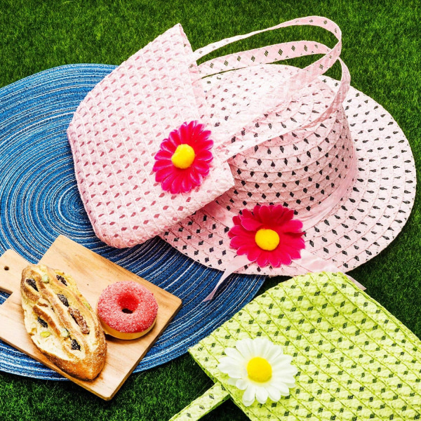 Flickor Te Party Hatt Väska Tusensköna Blomma Sol Stråhatt och Väska Set