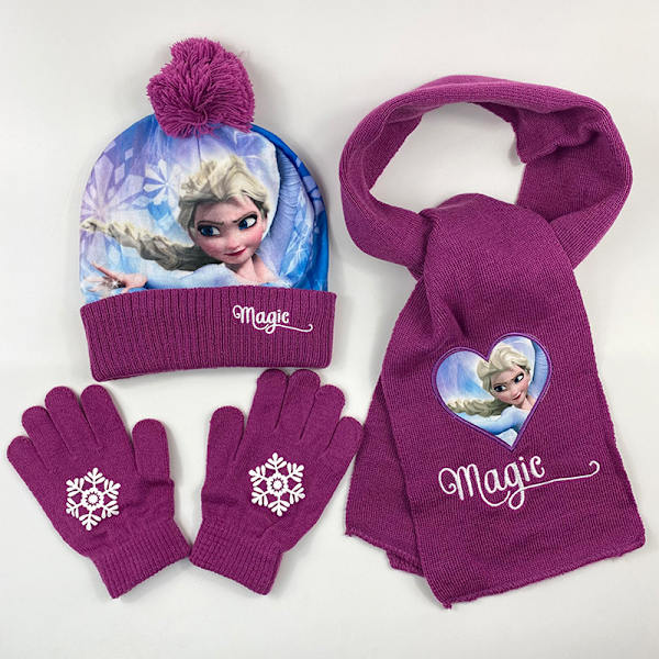 3-delt sett for jenter - Frozen Elsa lue, skjerf og votter - Vintervarmt utendørs, rosa lilla