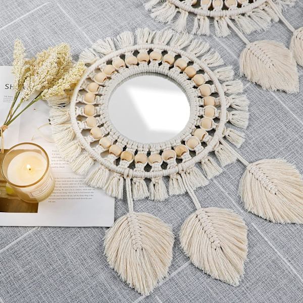 Boho Macrame Vægspejl med Frynser og Træperle Fjederpen, ZQKLA