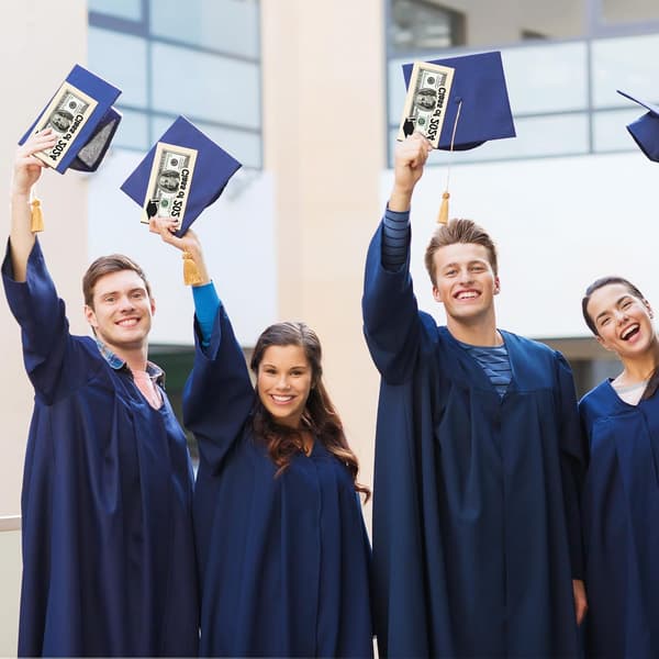 3 stycken examenspengapåsar i trä för gratulationskort