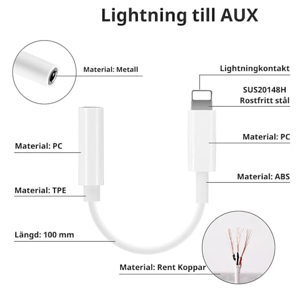 Lightning / USB-C till AUX Adapter 3,5 mm Paket USBCAUX3Pack,su