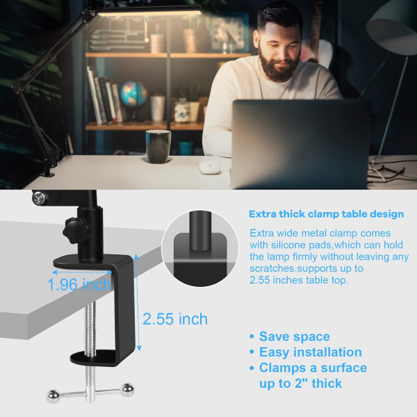 USB LED skrivebordslampe, justerbar svingarm skrivebordslys med klemme, ZQKLA