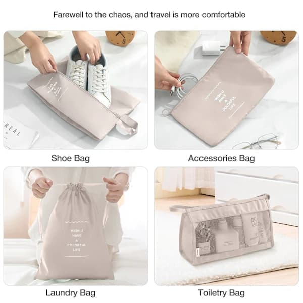 INF Organizer til rejsekuffert - Pakkekuber og poser 7 stk Beige
