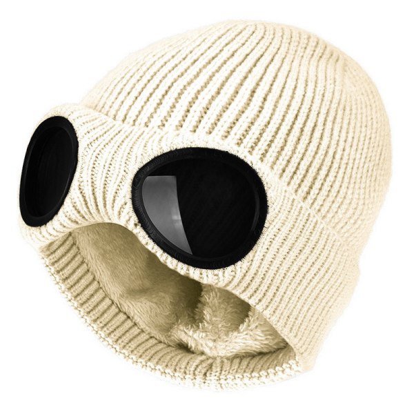 Unisex Goggle Beanie Stickad Vinter Chunky Beanie Hat, Beige,ZQKLA