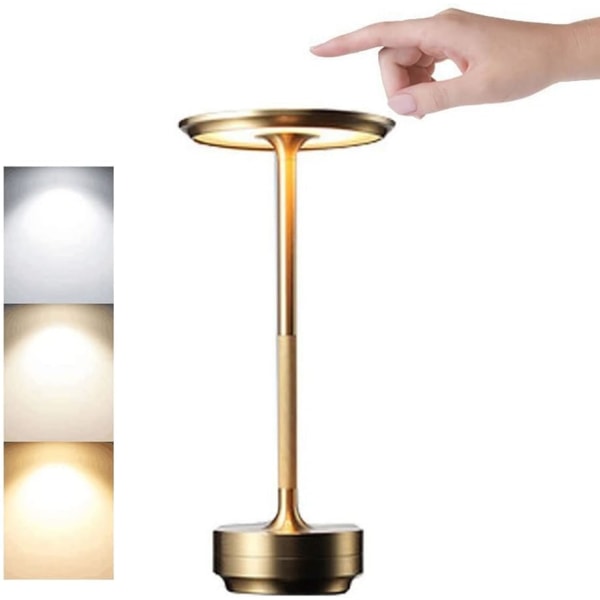Bærbar Metal Skrivebordslampe Trådløs LED Bordlampe 3 Farve Touch Control Genopladelig Lampe (Lyst Guld)