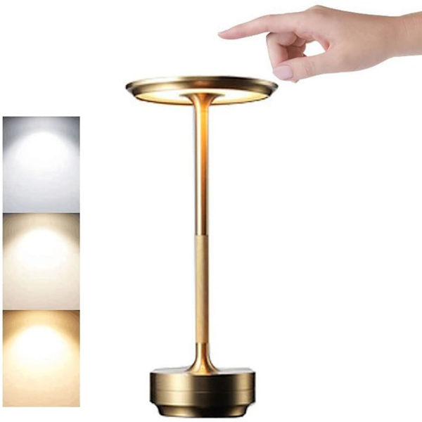 Bærbar metall skrivebordslampe trådløs LED-bordlampe 3 farger berøringskontroll oppladbar lampe (lys gull)
