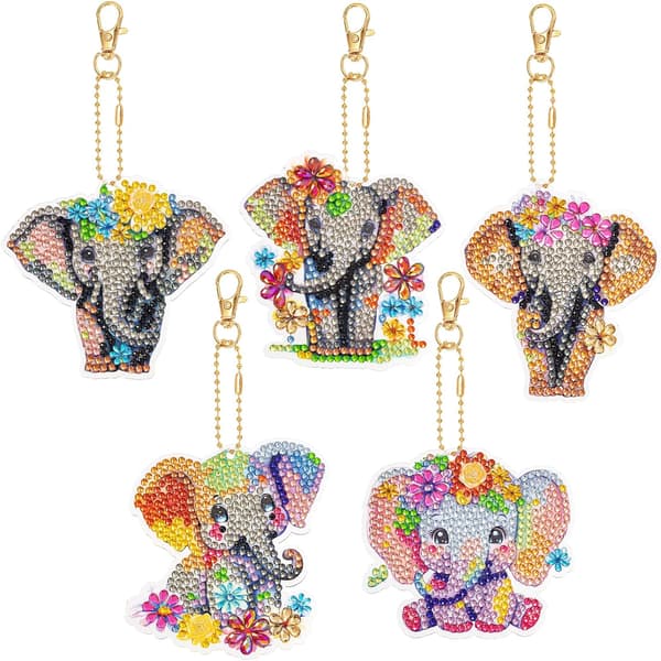 5 Stykker Nøglering Diamant Maleri Elefant DIY 5D Diamant Kunst Pa