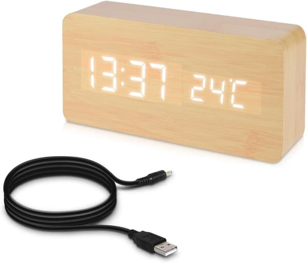 Rektangulær Beige og Hvid LED Træ LED Vækkeur - Træ Lo,ZQKLA