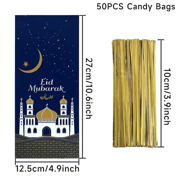 100 stk Eid Mubarak gaveposer, blå gull Ramadan tema trykt, 2113 JAZY