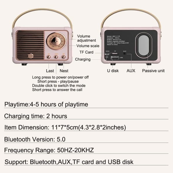 Retro Bluetooth Højttaler Mini Trådløs Højttaler, Udendørs Portab, ZQKLA