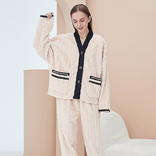 Vintervarma Sammetspyjamas Dam - Hemkläder Pyjamas Set Kan Användas Utomhus - Beige L