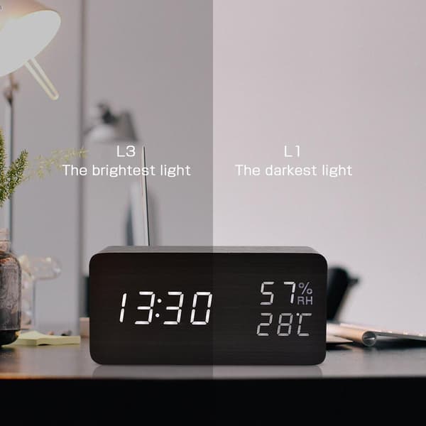LED Digital Väckarklocka Luftfuktighet Datum Temperatur Trälook, ZQKLA