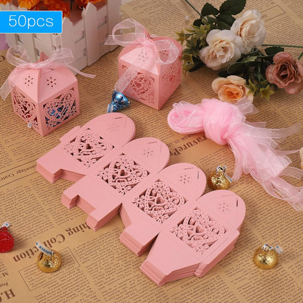 50 stk. Gaveeske til fest (5x5x7cm) (Rosa), Laserkut Bryllup, ZQKLA