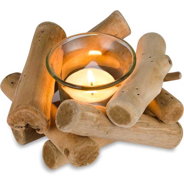 Handgjord värmeljusstake i trä med glaskopp Rustik Cou
