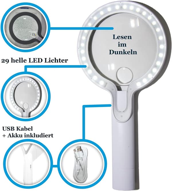 Stor LED-lys Lupe for Lesing; Rund Lupe, ZQKLA
