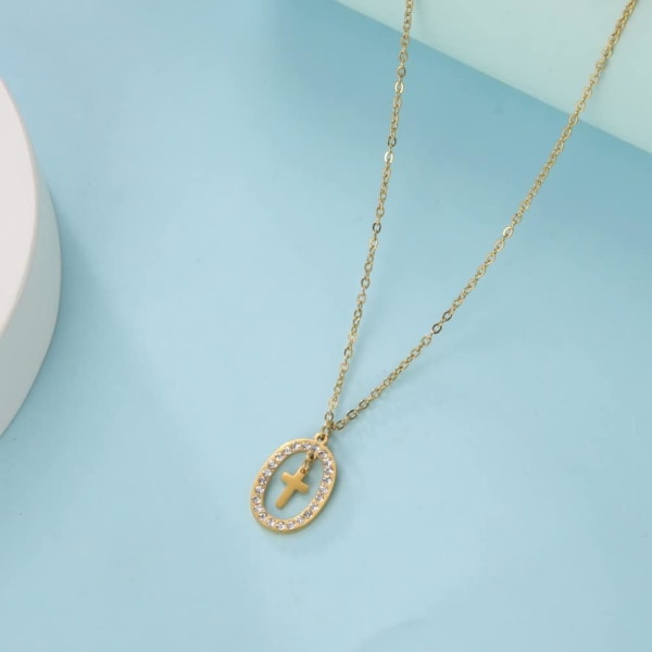 Cubic Zirconia Ovalt Kors Vedhæng Halskæde Kvinder Tro Gave, ZQKLA