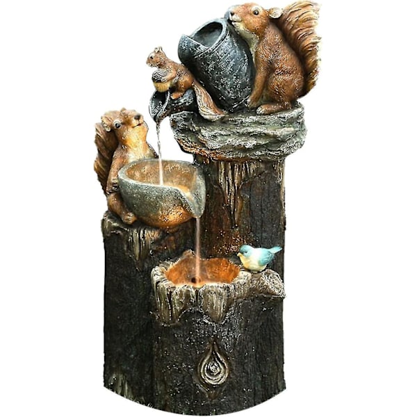 Solar Squirrel Stacked Waterfall Fountain with LED Lights and Pump, Resin Squirrel Garden Fountain Statue for Outdoor Patio Garden