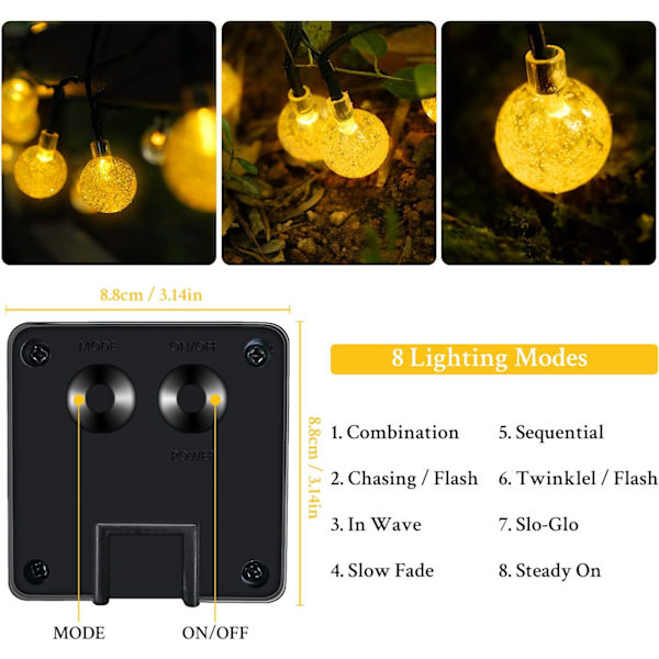 Aurinkokennovalot ulkokäyttöön, 12M 100 LED Kristallipallo, ZQKLA