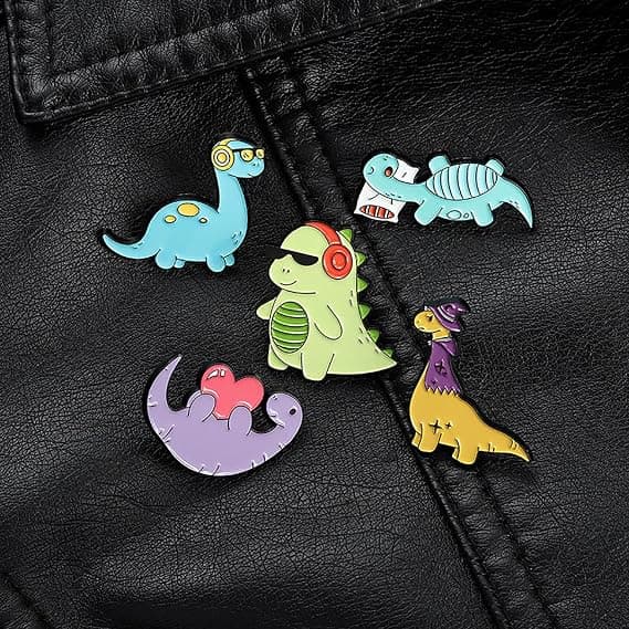 Sæt med 5 søde emaljebrocher til piger og børn, frø, kat, dinosaur