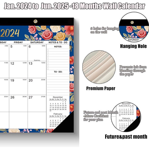 Väggkalender 2024, 12-månaders skrivbords kalender 2024-2025, Stor vägg