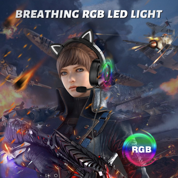 K9 Cat Ear Headset til Xbox One, Ps4, Ps5, Pc (sort)