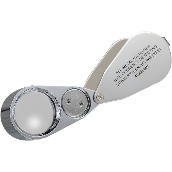 Koru suurennuslasi, 40x suurennos, valmistettu metallista, taittuva suurennuslasi LED- ja UV-valolla, suurennuslasi timanteille, koruille, kolikoille, postimerkeille