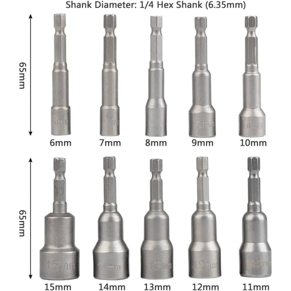 10 st Magnetiska Hex-hylsor Set 6-15mm Slagmejsel, Magnetisk, ZQKLA