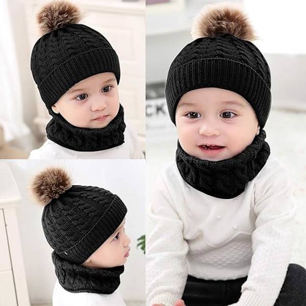 2 STK Småbarn Baby Strikket Lue Skjerf Vinter Varm Beanie Lue med, ZQKLA