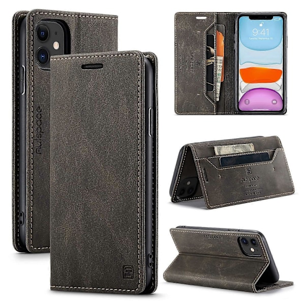 AUTSPACE A01 Series RFID-blokerende pung Retro Mat Læder Telefon Cover til iPhone 11 6.1 tommer Style C