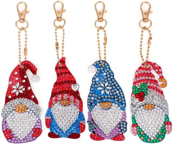 4 Stycken 5D Diamantmålning Nyckelringar, DIY Tomteform Diamant P