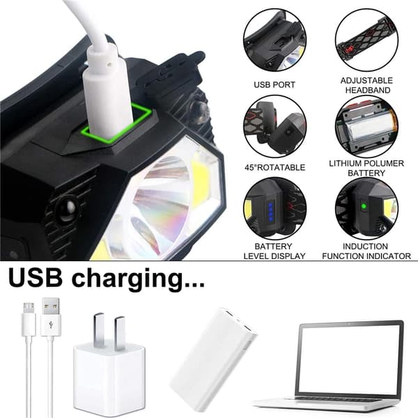 2-pak 50000LM Kraftful LED Hovedlygte Sensor Hovedlys USB, ZQKLA