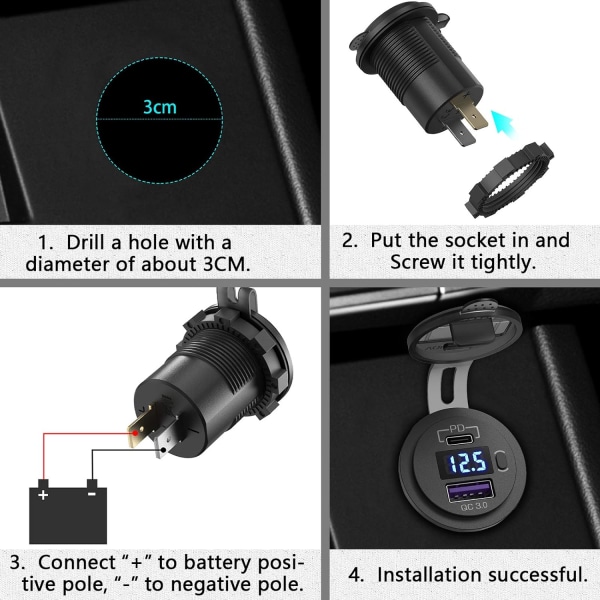 USB-C Bil Laddare Uttag, 12V/24V PD&QC 3.0 Biluttag med LED V