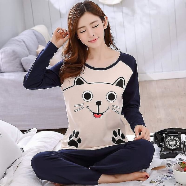 Dam vinterpyjamas Plus Size Hemkläder Långärmad Smiley Cat Dam Pyjamas Set-L，2154 JAZY