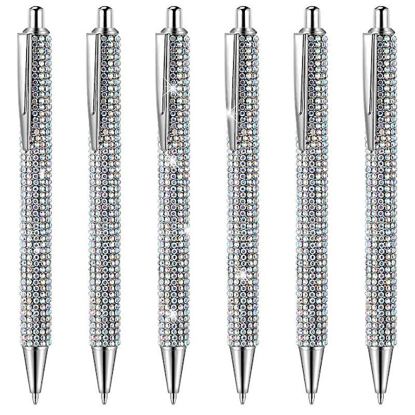 6 st Snygga Pennor med Bling-diamant, Jul-kristaller, Silvermetall, Kulspetspennor, Fina Glittriga Kristallpennor B