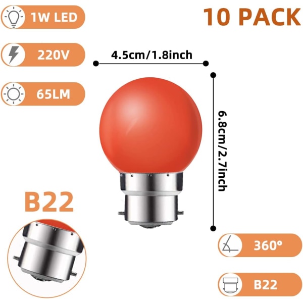 Paket med 10 B22 1W LED-lampor, färgade energieffektiva, ZQKLA