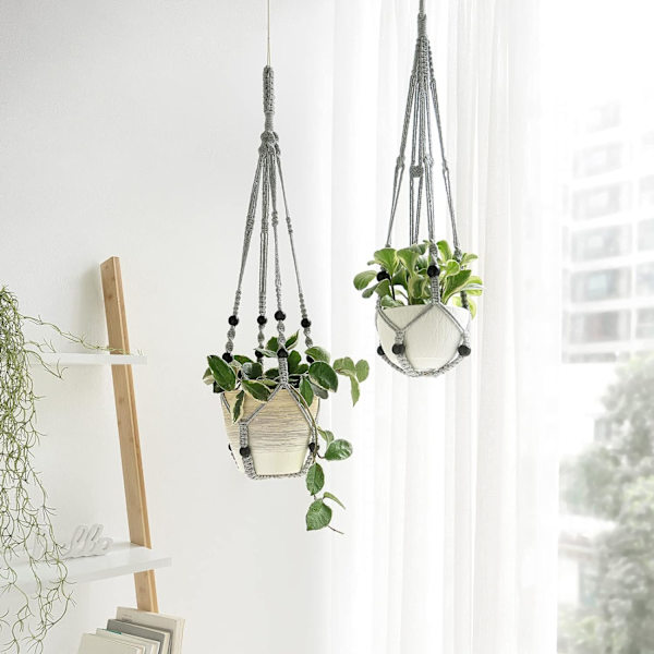 Macrame Växthängare Inomhus Hängande Planterkorg med Trä, ZQKLA